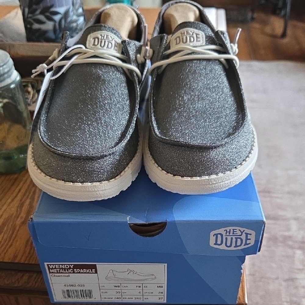 Hey Dude Wendy Metallic Sparkle - Charcoal, Size 8